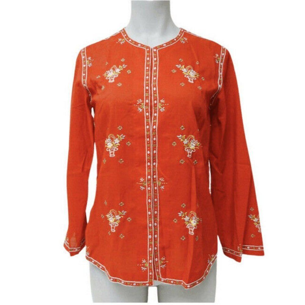 VTG Dead Stock 60’s Lily Womens Sz 38 Hand Embroidered Blouse Red Floral READ